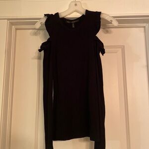 WHBM Black exposed shoulder ribbed ruffled sweater